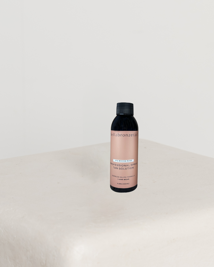 Bottle of skincare product on a white surface with a light gray background
